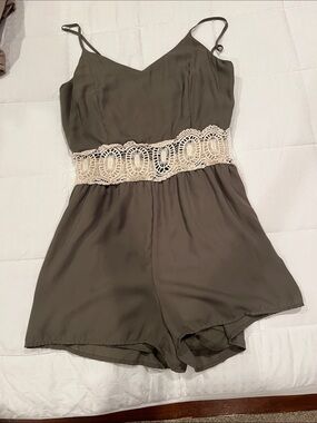 Rue21 Olive Romper with Cream Crochet Waist